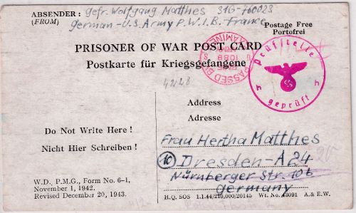Frankreich - US POW-Camp Kriegsgefangenenkarte n. Dresden 1944 - Zensur Hof !