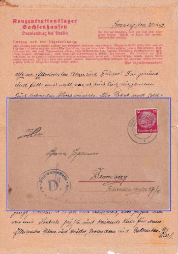 DR - Oranienburg 1942 (KZ Sachsenhausen) Faltbrief n. Bromberg