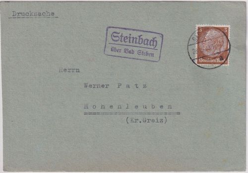 DR - Steinbach ü. Bad Steben Landpost-Ra2 Drucksachenkarte n. Hohenleuben 1940