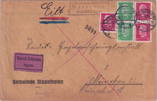 DR - Wozendorf Scheßlitz Land Landpost-Ra2 Eilbrief Stadelhofen - München 1931