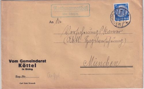 DR - Rothmannsthal ü. Scheßlitz Landpost-Ra2 Brief Köttel - München 1933