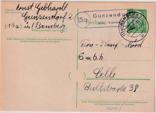 BRD - (13a) Gunzendorf ü. Bamberg Landpost-Ra2 Ganzsache n. Celle 1957