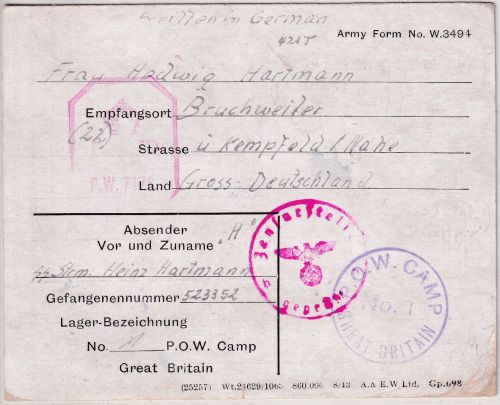 England - POW-Camp No.1 Kriegsgefangenenkarte n. Bruchweiler ü. Kempfeld 1944