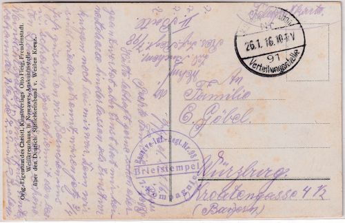 DR - K.D.Feldpoststation Nr. 91 Verteilungsstelle Feldpostkarte n. Würzburg 1916