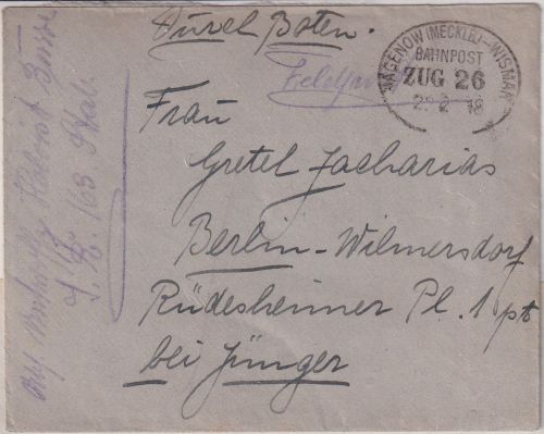 DR - Hagenow (Mecklb.) Wismar Bahnpost Zug 26 Feldpostbrief n. Berlin 1918
