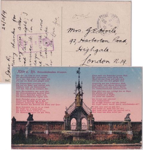 DR - Field Post Office 25 Feldpostkarte/Rheinlandbesetzung n. ENGLAND 1919