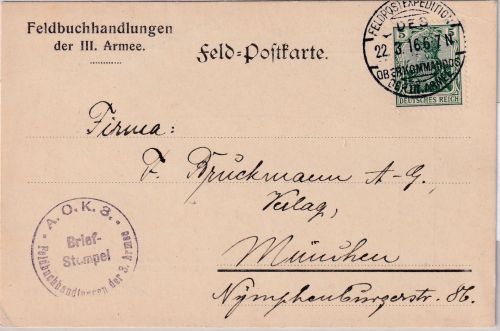 DR - 5 Pfg. Germania Feldpostkarte/Feldbuchhandlung III. Armee n. München 1916