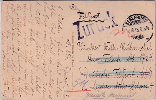 DR - Berleburg 12.10.18 Feldpostkarte i.d. TÜRKEI/Dt. Feldpost 663 Zurück