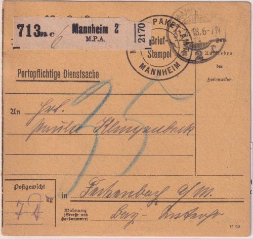 DR - Mannheim Militär-Paketamt unfreie Paketkarte n. Fechenbach 1918 Nachporto
