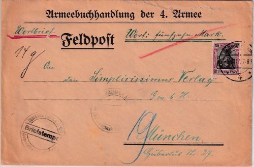 DR - 50 Pfg. GermaniaFeldpost-Wertbrief Armeebuchhandlung 4. Armee 1917