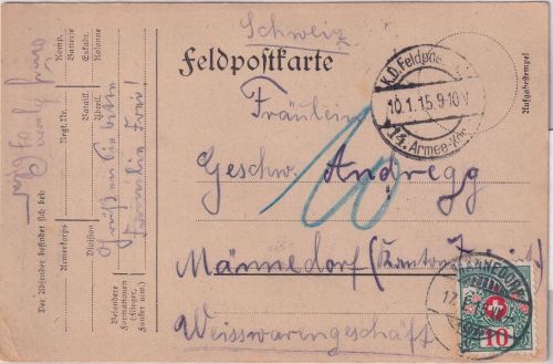 DR - K.D. Feldpostexped. 14. Armeekorps Feldpostkarte id. SCHWEIZ 1915 Nachporto