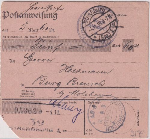 DR - Straßburg (Els.) 4.11.18 Heeressache-Postanweisung n. Burg-Breusch