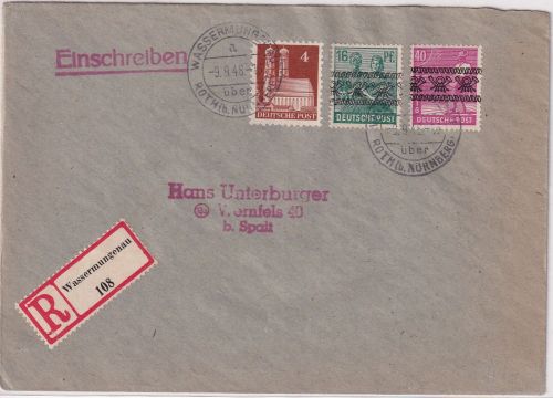 Bizone - Wassermungenau ü. Roth 9.9.48 Poststelle I Einschreibebrief n. Wernfels