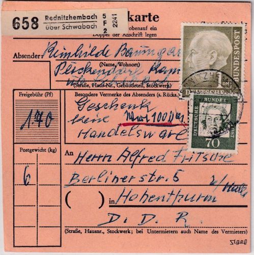 BRD - Rednitzhembach ü. Schwabach Poststelle I Paketkarte n. Hohenthurm 1963