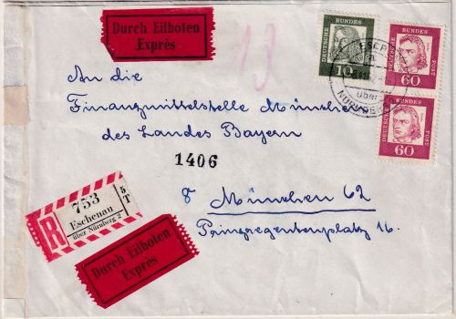 BRD - Eschenau ü. Nürnberg 2 aptierte Poststelle I Eil-Einschreibebrief 1962