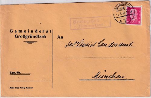 DR - Großgründlach Nürnberg Land Landpost-Ra2 Brief n. München 1931