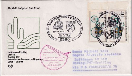 BRD - 2x40 Pfg Jugend/Oldtimer LH-Erstflug Frankfurt - Bogota 1982