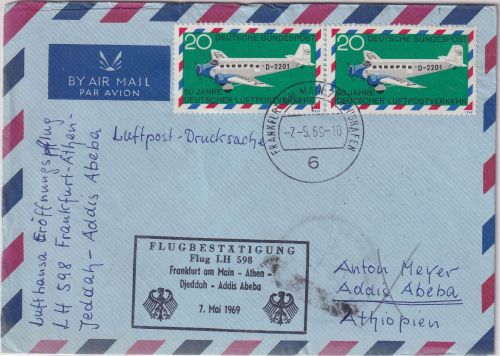 BRD - 2x20 Pfg 50 J. Luftpostverkehr/Ju 52 LH-Erstflug FFM - Addis Abeba 1969
