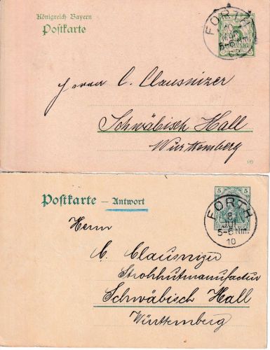 Bayern - Forth 1909/1910 K1 5 Pfg. Rauten/5 Pfg. Germania (A-Teil) Ganzsachen