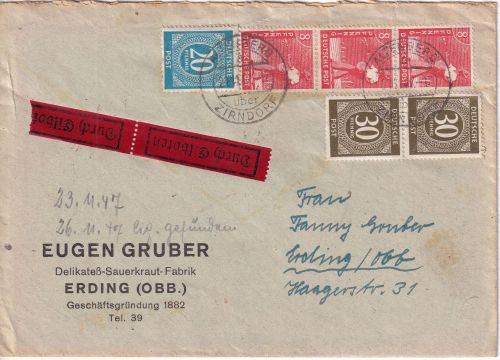 All.Bes. - Altenberg ü. Zirndorf Poststelle I Eilbrief n. Erding 1947 mit Inhalt