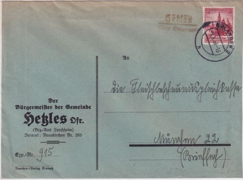 DR - Hetzles ü. Erlangen Landpost-L2 Brief n. München 1938
