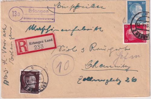 DR - (13b) Erlangen Stadtrandsiedlung Landpoststelle Einschreibebrief 12.9.44