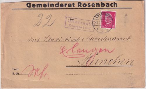 DR - Uttenreuth Erlangen Land Landpost-Ra2 Brief Rosenbach - München 1931