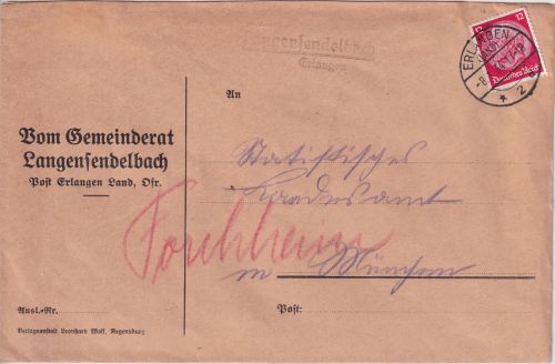 DR - Langensendelbach Erlangen Land Landpost-Ra2 Brief n. München 1934