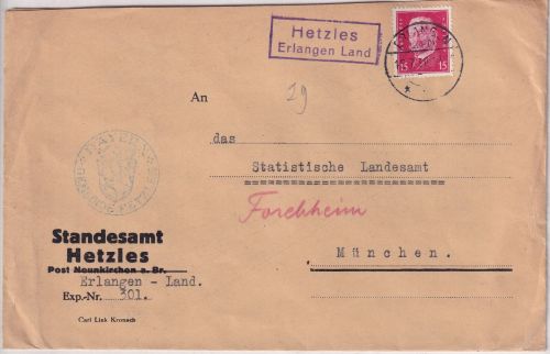 DR - Hetzles Erlangen Land Landpost-Ra2 Brief n. München 1930