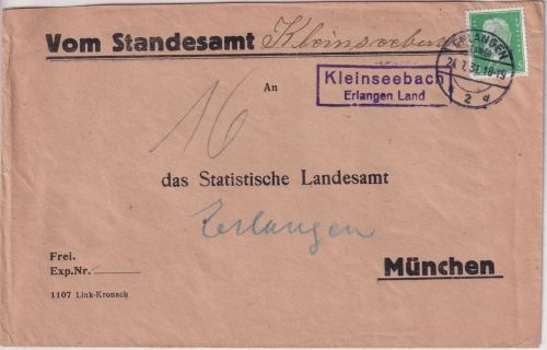 DR - Kleinseebach Erlangen Land Landpost-Ra2 Brief n. München 1931