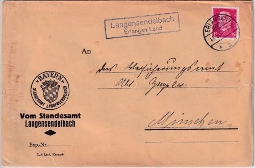 DR - Langensendelbach Erlangen Land Landpost-Ra2 Brief n. München 1931