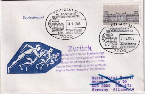 BRD/Postkrieg - 80 Pfg. Reichstag ex Block Brief Stuttgart - Sassnitz/DDR 1986