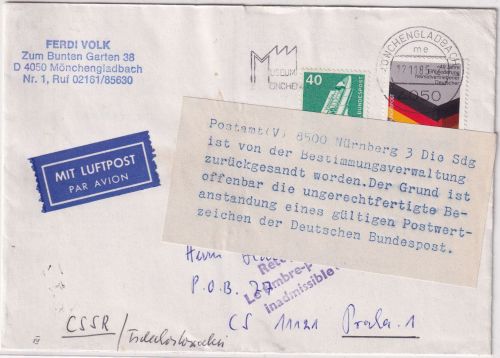 BRD/Postkrieg - 80 Pfg. Heimatvertriebene Brief i.d. CSSR Mönchengladbach 1985