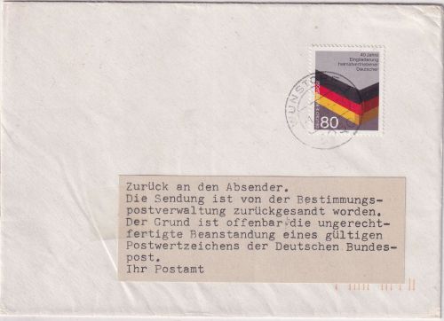 BRD/Postkrieg - 80 Pfg. Heimatvertriebene Brief i.d. DDR Wunstorf - Geismar 1986