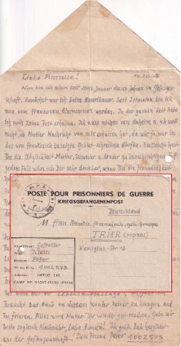 Frankreich - PDG Depot 141 (Sint Fons) Kriegsgefangenenbrief n. Trier 18.10.45