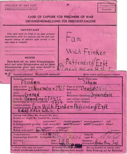 USA - Gefangenenmeldung/Kriegsgefangenenkarte n. Pfaffendorf 16.9.44