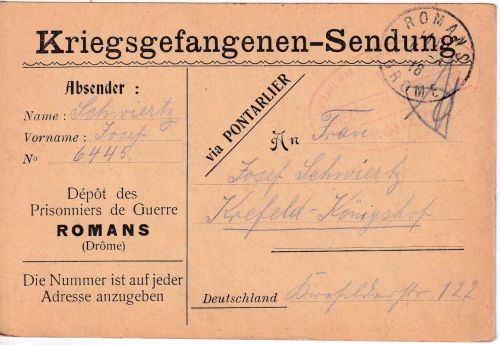 Frankreich - Romans 1918 Kriegsgefangenenkarte (Vordruck) n. Krefeld-Königshof