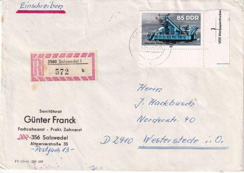 DDR - 85 Pfg. Schwimmbagger Einschreibebrief Salzwedel - Westerstede 1982