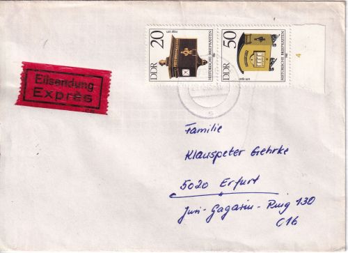 DDR - 20+50 Pfg. Hist. briefkästen Zusammendruck Eilbrief Finsterwalde 1985