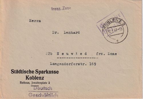 All.Bes./FZ - Koblenz 1947 Gebühr bezahlt Ra2 Brief n. Neuwied
