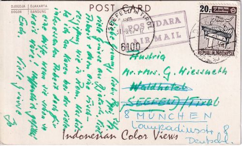 Indonesien - 20 R. Musikinstrument Luftpostkarte Djakarta - Seefeld/München 1967