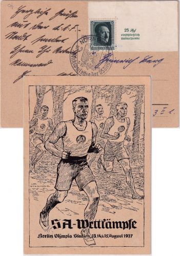 DR - SA-Wettkämpfe Berlin Olympia Stadion 1937 sw-Künstler-AK (Flechtner) Läufer