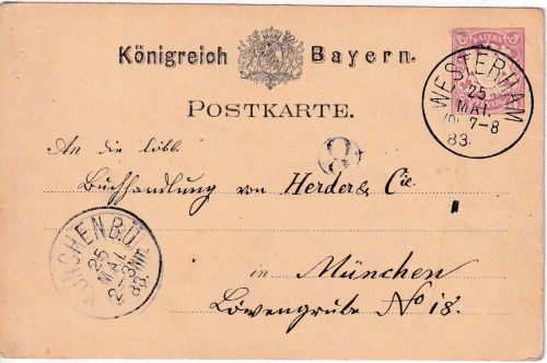 Bayern - Westerham 1883 K1 5 Pfg. Wappen Ganzsache n. München