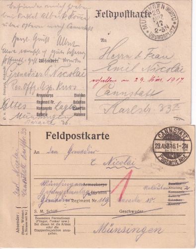 Württemberg - Münsingen-Übungsplatz/Cannstatt 2 Feldpostkarten 1916/17