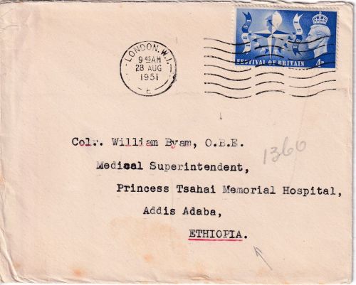 England - 4 P. 100 J. Weltausstellung Brief n. ETHIOPIEN London Addis Abeba 1951