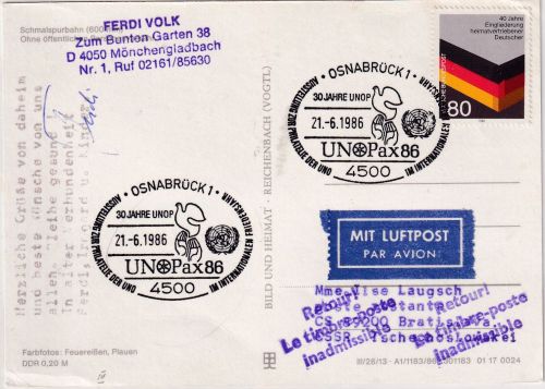 BRD/Postkrieg - 80 Pfg. Heimatvertriebene Karte i.d. CSSR SST Osnabrück 1986