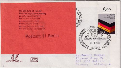 BRD/Postkrieg - 80 Pfg. Heimatvertriebene Brief i.d. DDR SST Berlin 1986