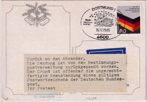 BRD/Postkrieg - 80 Pfg. Heimatvertriebene Karte i.d. UdSSR SST Dortmund 1985