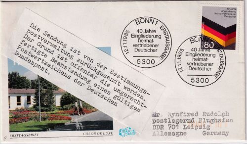 BRD/Postkrieg - 80 Pfg. Heimatvertriebene Schmuck-FDC i.d. DDR ESST Bonn 1985