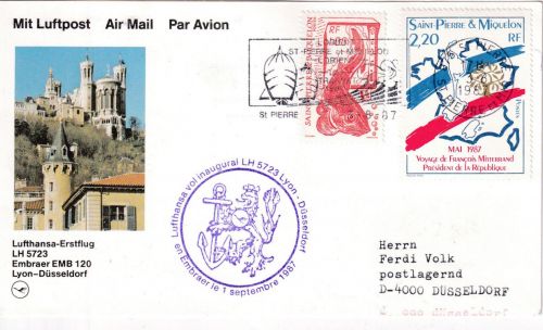 St. Pierre & Miquelon - Lufthansa-Erstflug Lyon Düsseldorf Zuleitungspost 1987